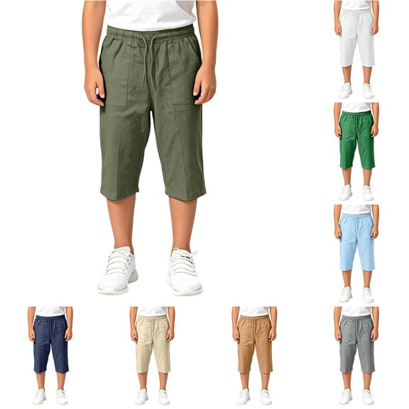 Rggeeun Boys Child Pants Solid Color Loose Fit Straight Leg With Drawstring Elastic Waist Patch Pocket Lightweight Knee Length Summer Playground Stylish Trousers,Green,4-5 Years
