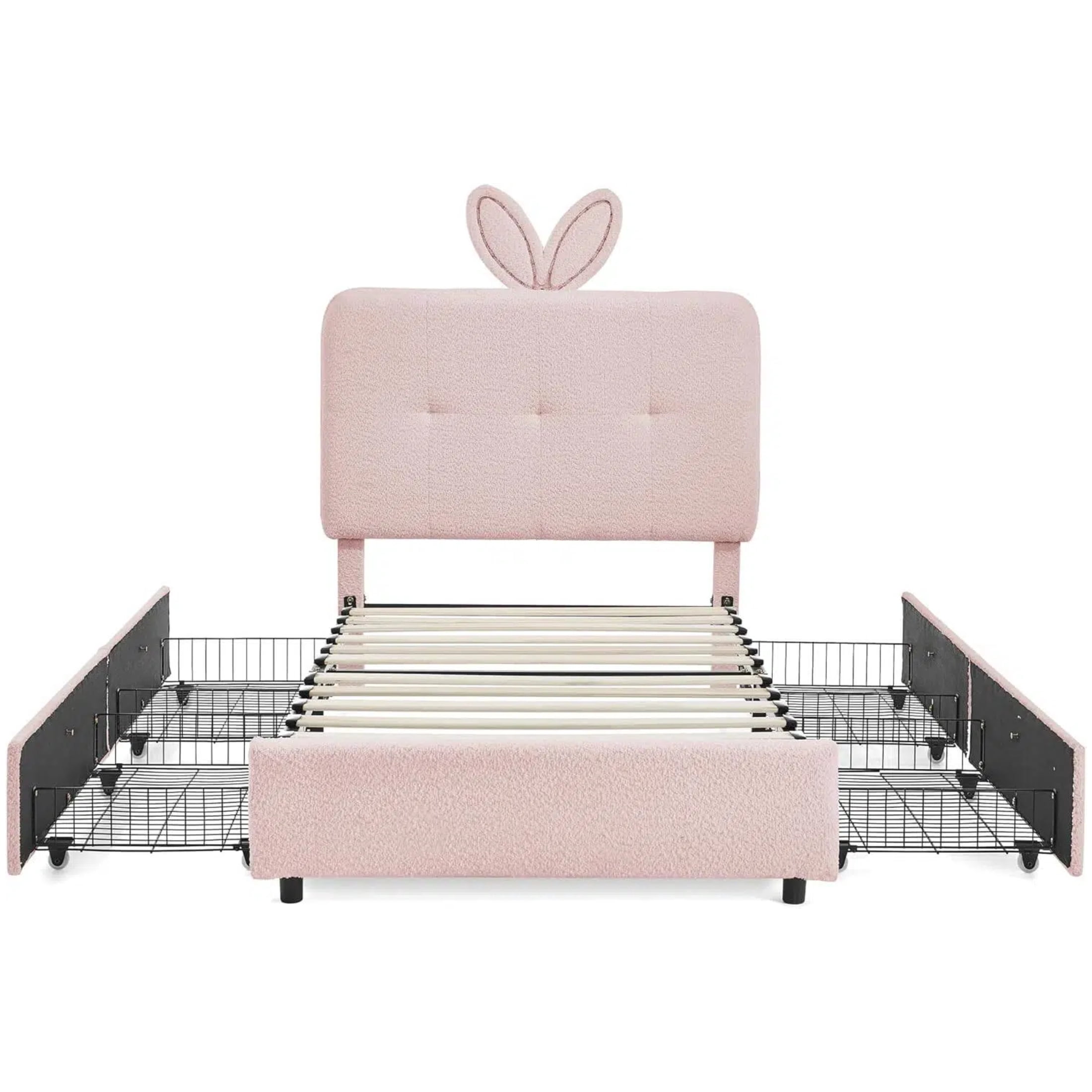 Aisword Twin Upholstered Bed Frame with 4 Storage Drawers & Rabbit Ear LED Headboard, No Box Spring Needed, Wooden Slats Support, Pink