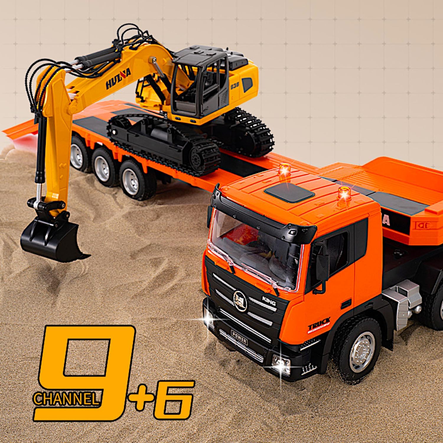 POCO DIVO 2-Set Alloy RC Truck Crawler Excavator 1/24, 9CH Semi-Trailer, 6CH Track Construction Engine Vehicle, Sound Lights Metal Visor Toy, 2.4G Radio Control Tractor Play, Kid Boy Gift