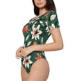 thumbnail image 2 of KLL Women 's Crew Neck Bodysuit Jumpsuits Lilies Flowers Print Short onesies Stretch T Shirts, 2 of 7