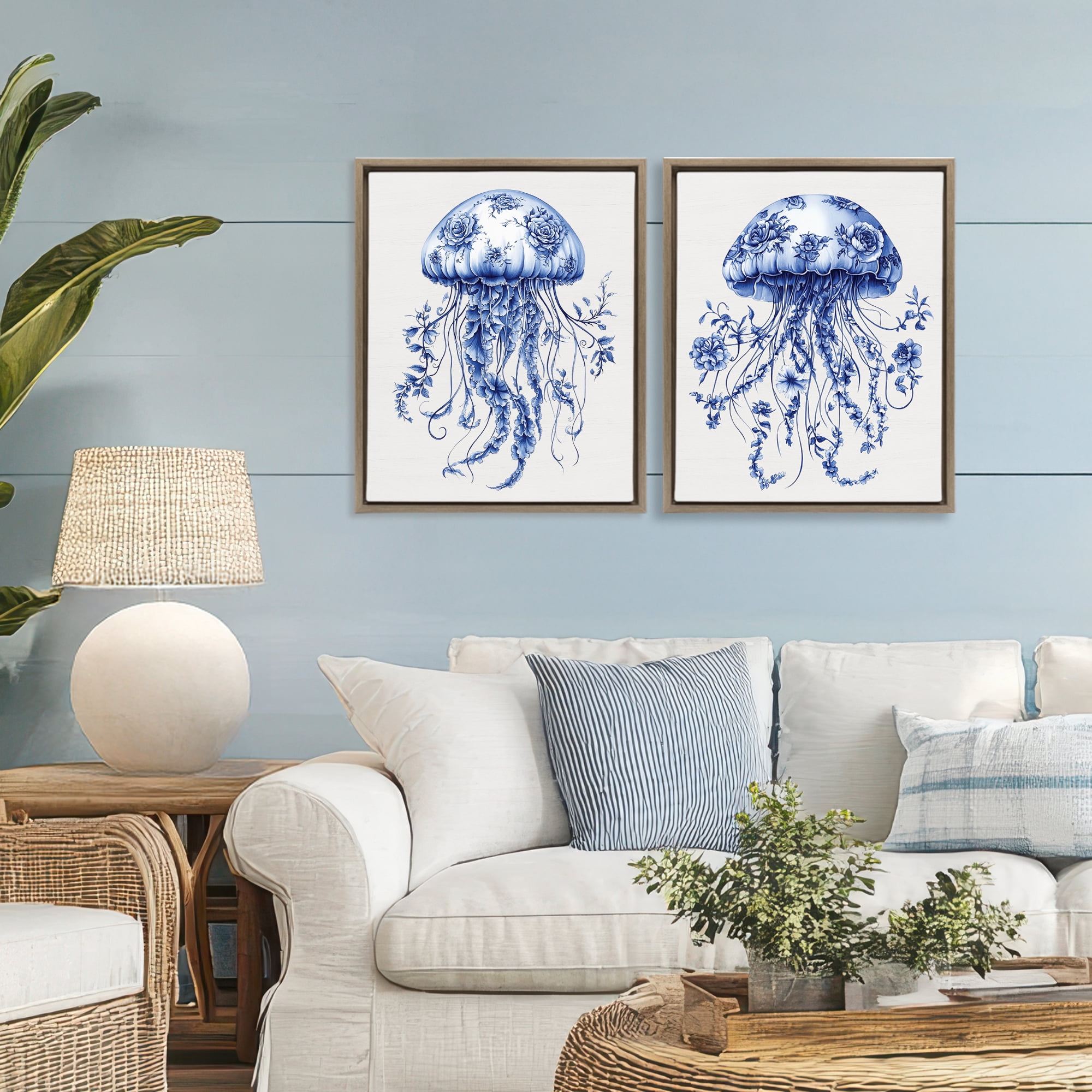 Funky Florals Toile Jellyfish 2 Piece Brown Framed Floater Canvas Set, design by Lettered and Lined