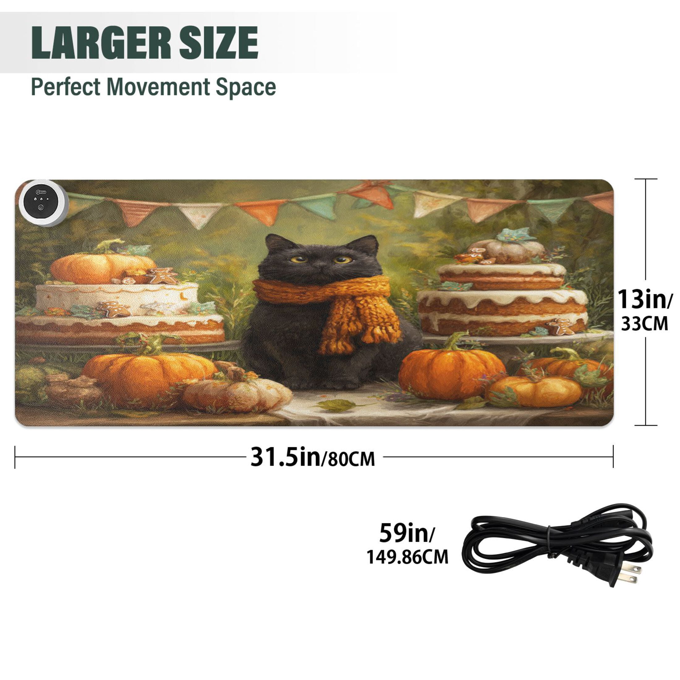 Large Heated Desk Mat Mouse Pad 31.5"x13"PU Leather Graphene Heating Desk Warmer with 3 Temperature Settings 110V US Plug Non-Slip Warm Pad for Home, Office, and Gaming Black Cat Halloween Party
