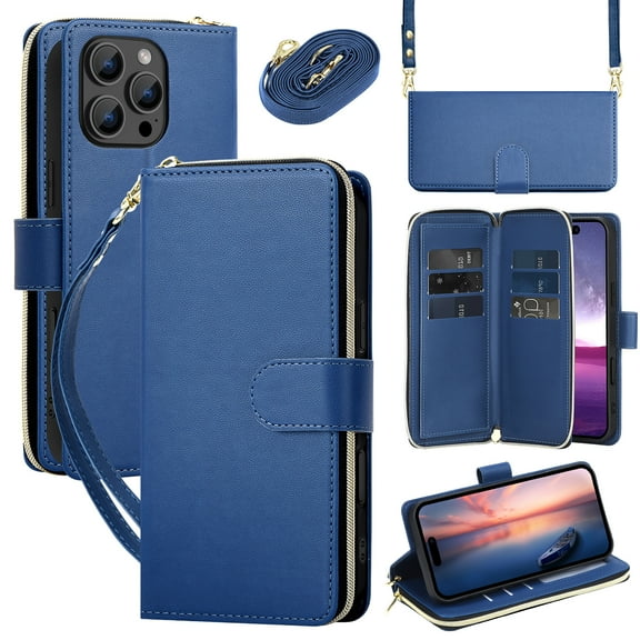 ELEHOLD Zipper Wallet Case For Apple iPhone 16e with with Lanyard Shoulder Strap,Shockproof Credit Card Slot Cash Pocket Magnetic PU Leather TPU Protective Cover ,Blue