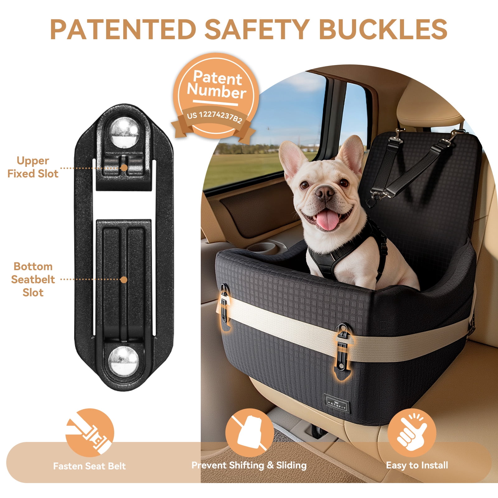 PETSFIT Dog Booster Car Seat for Small/Medium Dogs Up to 35 lbs – Patented Safety System, 6" Memory Foam Pet Car Seat, Fully Detachable and Washable Cover, Front/Back Seat Travel Booster (Black)