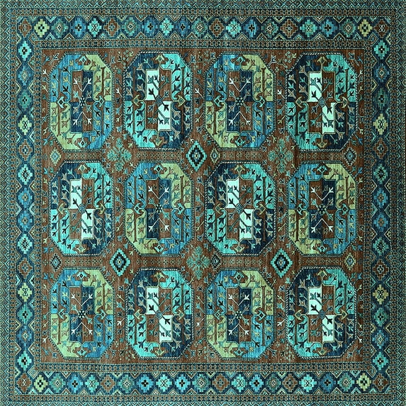 Ahgly Company Machine Washable Indoor Square Oriental Turquoise Blue Industrial Area Rugs, 6' Square