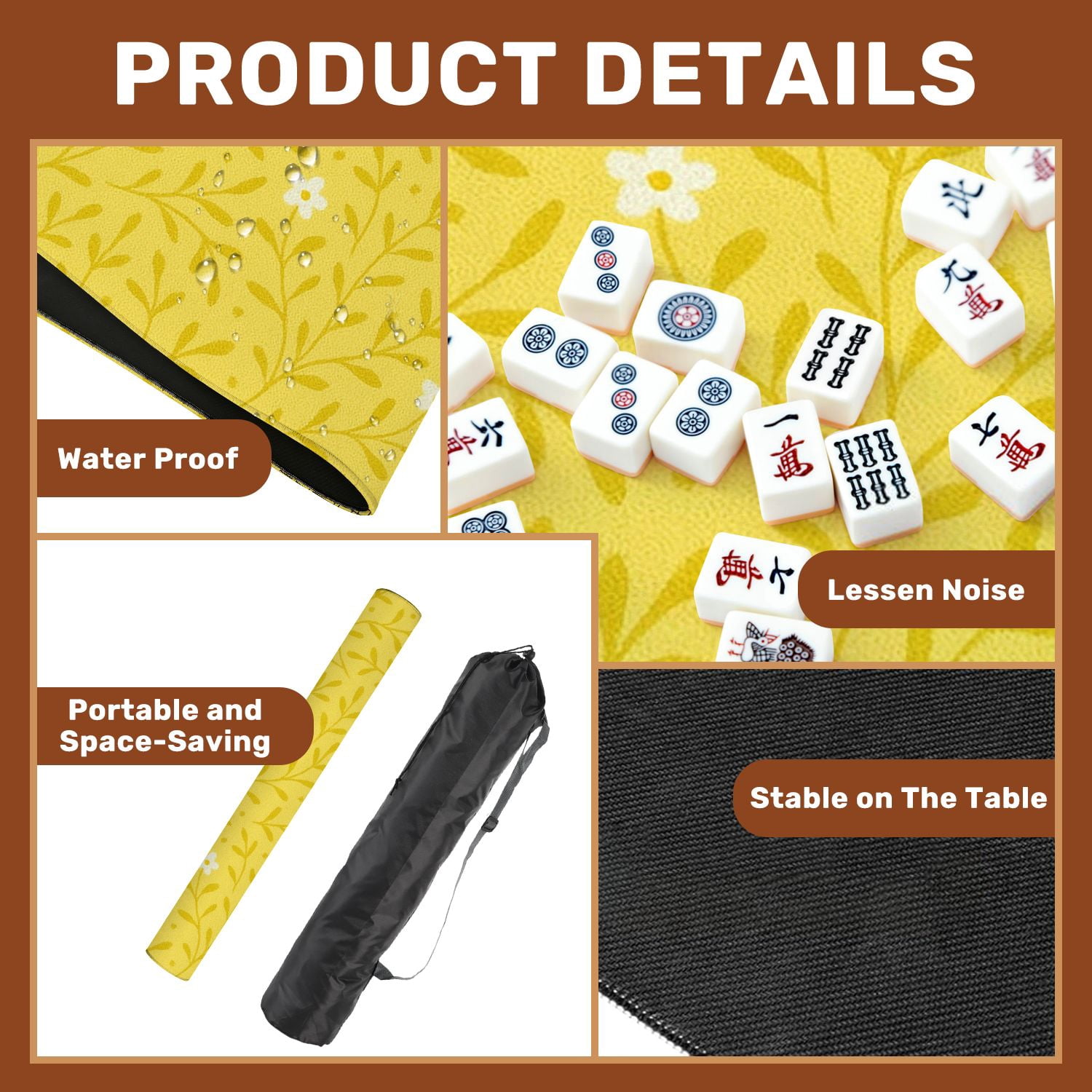 Mahjong Mat 31.5" x 31.5" Yellow Floral White Daisies Green Leaves Non-Slip Noise Reduction American Mahjong Tiles Table Cover for Dominoes Poker Card Board Games Gift