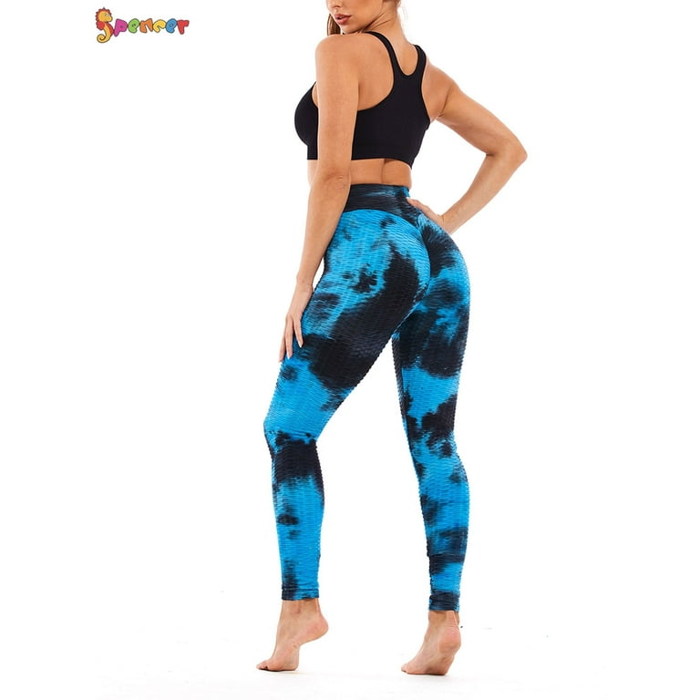 Spencer Women's High Waist Yoga Pants Tie Dye Textured Capris Tummy Control  Slimming Booty Leggings Workout Butt Lift Tights (XL, Blue)