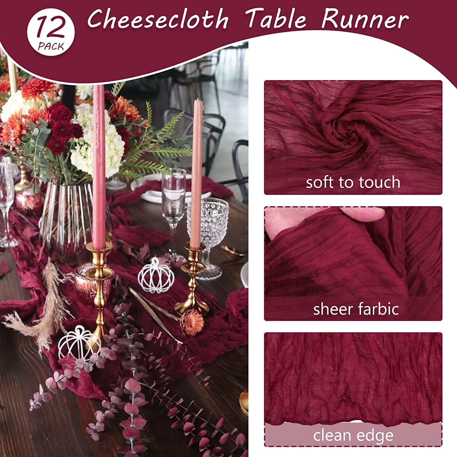 Wehilion 12PCS Cheesecloth Table Runner Boho Gauze Table Runner Cheese Cloth Long Table Runner Rustic Table Runner for Wedding Bridal Shower Birthday Party Table Decor