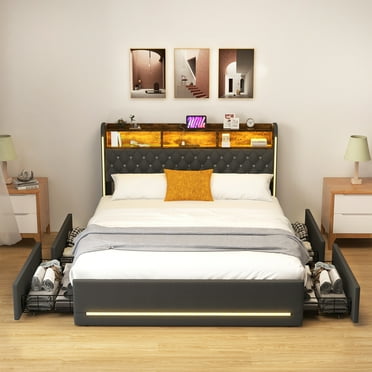 Uforic Queen Upholstered Bed Frame with LED Lights, Bookcase Headboard, 4 Storage Drawers, and Built-in Charging Station, Gray Platform Bed Frame withNo Box Spring Required