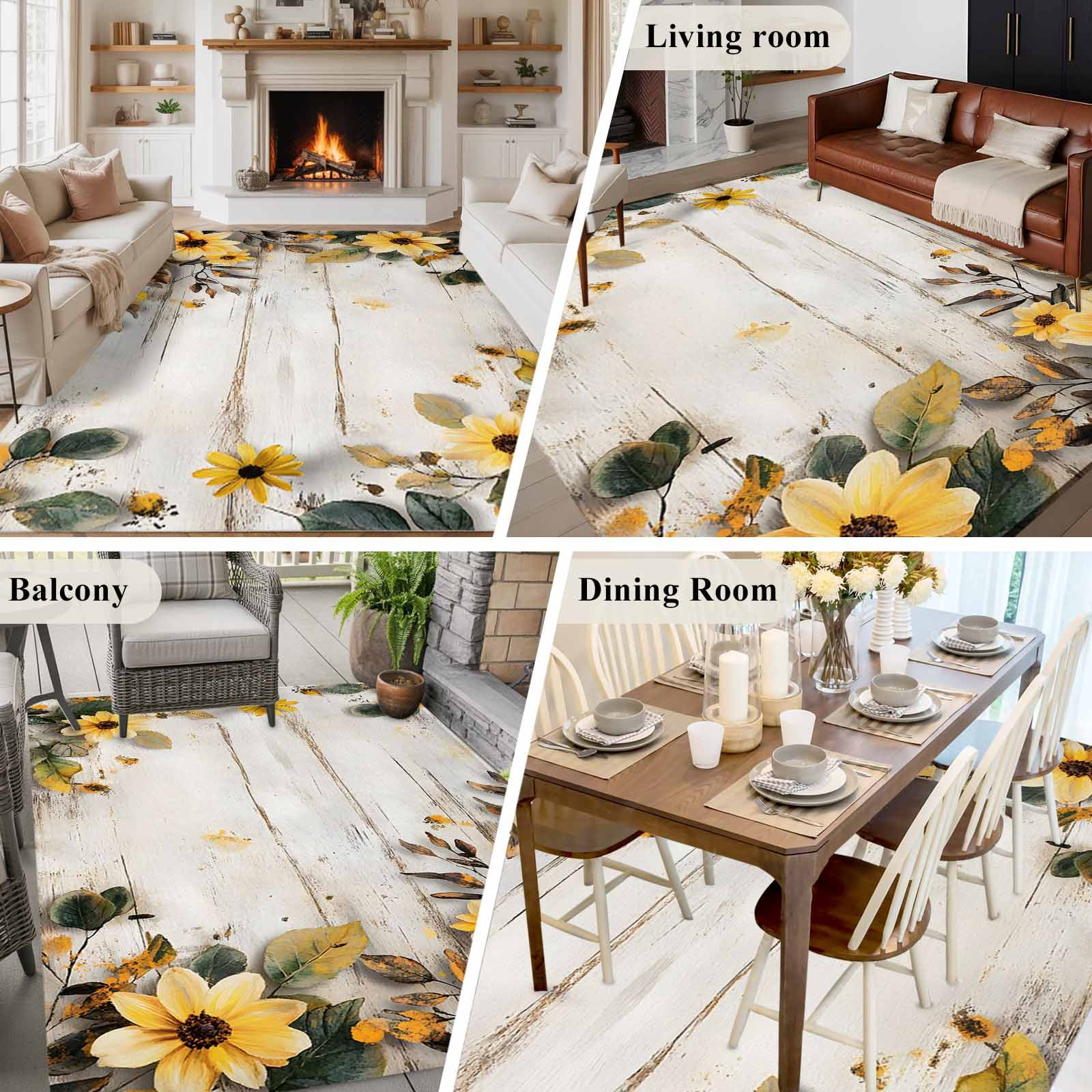 Yellow Floral Spring Area Rugs 6x9 for Living Room, Summer Rustic Botanical Vintage Wood Non Slip Washable Rug Runner, Low Pile Indoor Floor Carpet Mat Bathroom Rugs for Bedroom, Kids Room