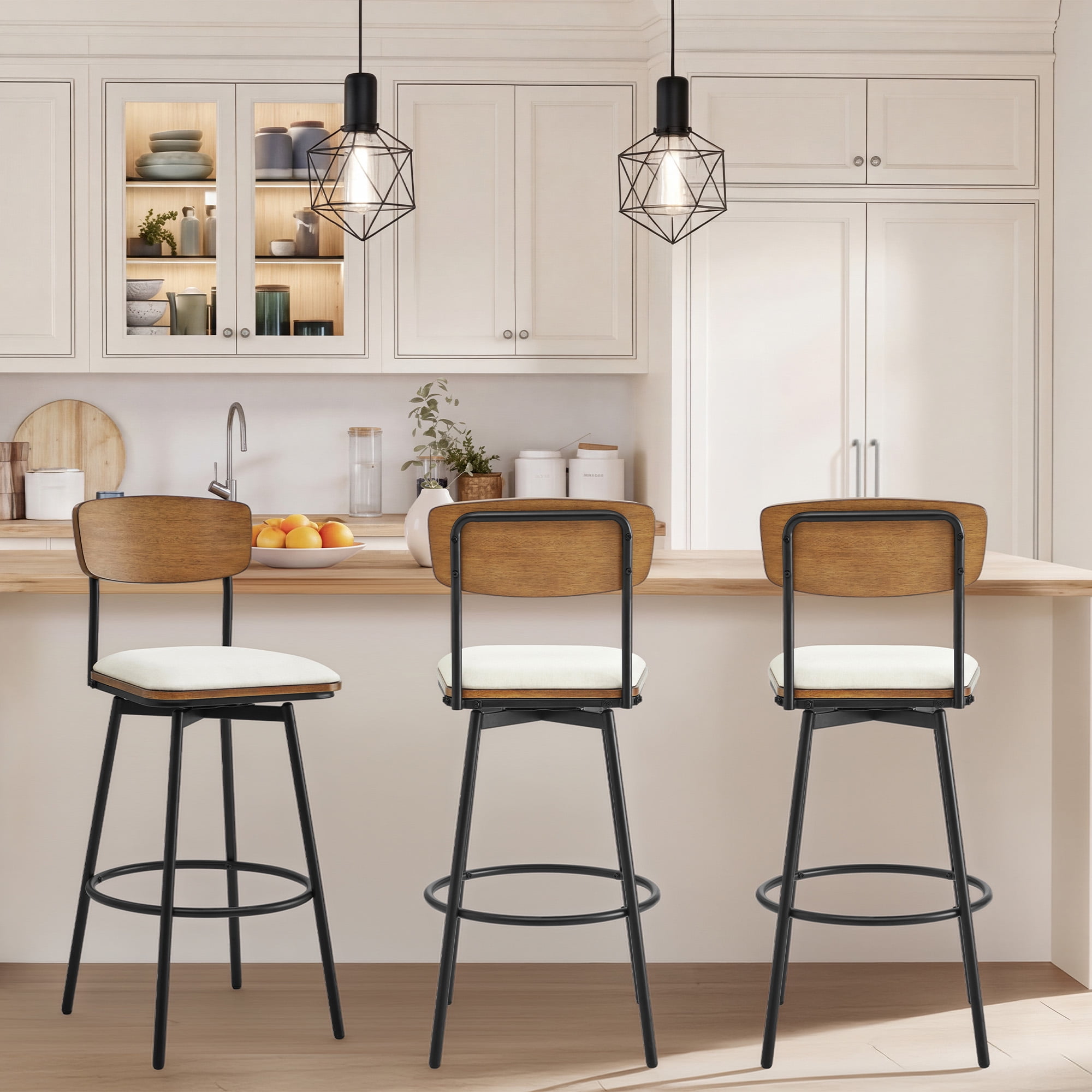 Spruce & Spring Bar Height Swivel Bar Stool with Wood Back and Metal Base Set of 2, White, Fabric