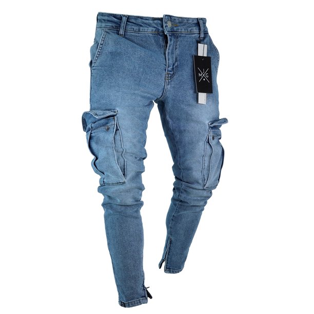 Pantalones vaqueros rasgados de los hombres Pantalones de lápiz de los hombres ajustados casuales de primavera y verano europeos y americanos con cremallera, azul claro, L