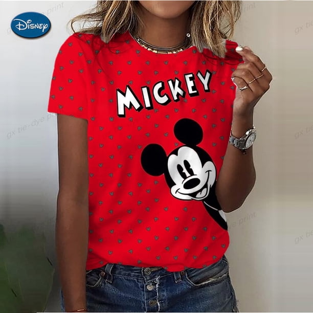 Women's Summer Casual T-Shirt 2023 Fashion Disney Mickey Mouse Print Short-Sleeved Pullover New Oversized Round Neck Loose Top130 Gao Jinjia LED
