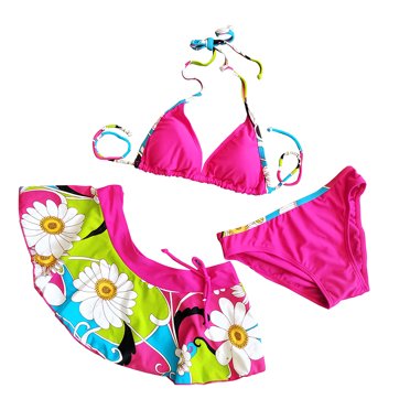 Floral Triangle Bikini Swimsuit With Beach Skirt For Vacation Swimming