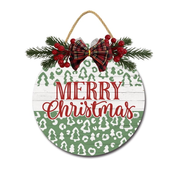 Merry Leopard Christmas Sign Front for Door Decoration, 11" Round Wood Wreaths Wall Hanging Outdoor, Farmhouse, Porch, for Spring Summer Fall All Seasons Holiday Christmas