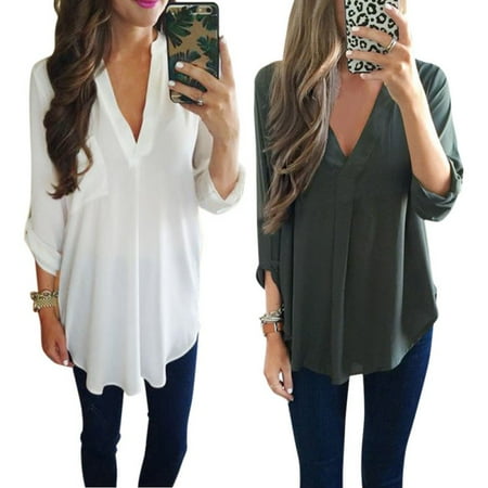 EFINNY Plus Size S-3XL Women's Blouse Casual Loose Chiffon Long Sleeve Deep V T Shirt Autumn (Best Business Clothes For Women)