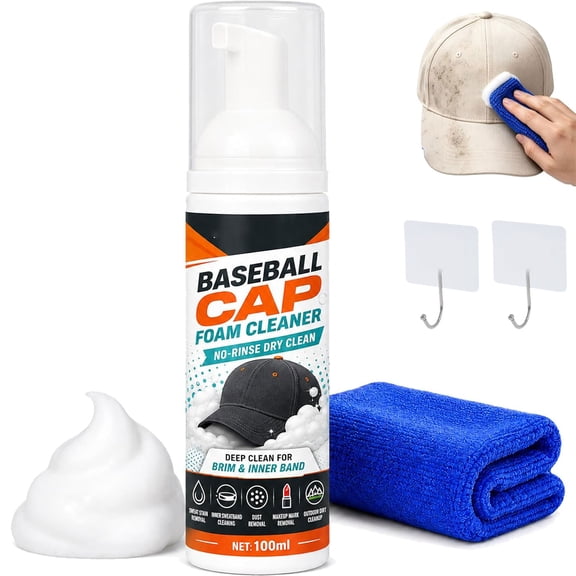 No-Rinse Baseball Cap Foam Cleaner, Deep Clean Cap Foam Cleaner Spray, Portable Foaming Sweat Stain & Dust Removal, Quick Dry No Rinse Cap Care Solution