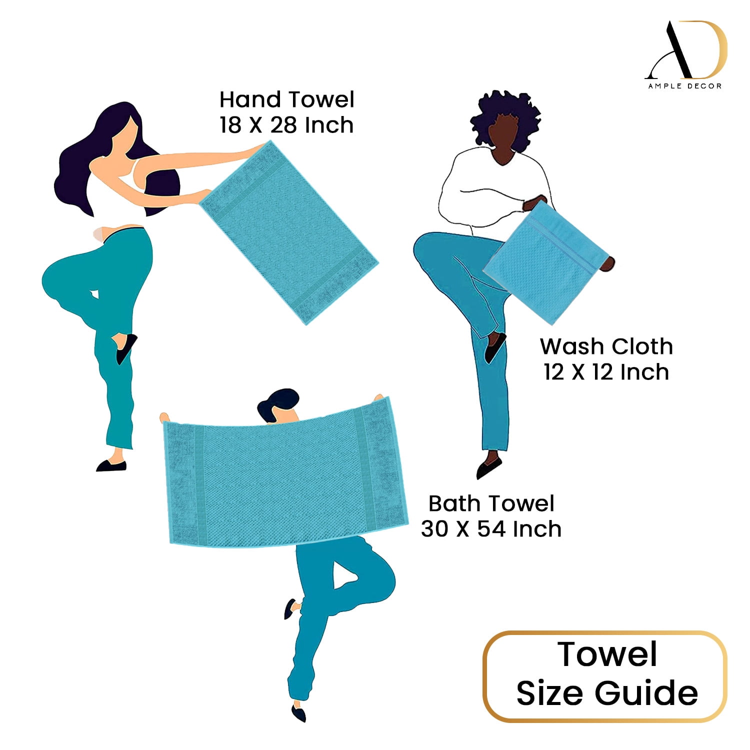 Ample Decor Towels for Bathroom, 6 Pieces Gift Set,100% Cotton Soft Quick Dry, 2 Bath towels, 2 Hand towels, 2 Wash Cloths - for Hotel, Spa, Gym - Sky Blue