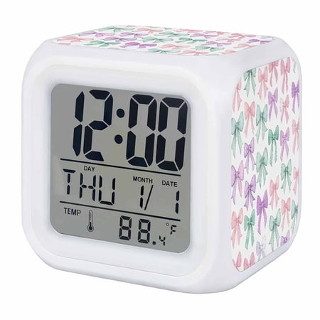Alarm Clocks Colorful Bow Tie Digital Clock 7 Color LED Night Light Silent Non-Ticking Battery Operated Cute Cube Clocks Decorative for Bedroom Bedside Living Room Office School Decor