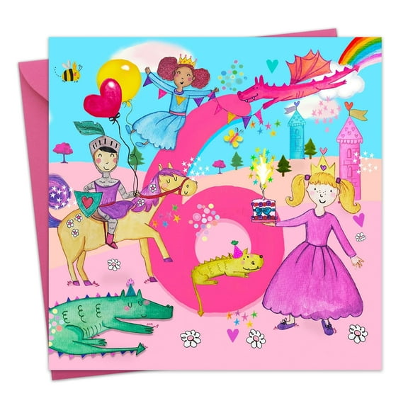 Twizler 6th Birthday Card for Girls - Princesses & Dragons - Age 6 Year Old Childrens Happy Birthday Card for Kids