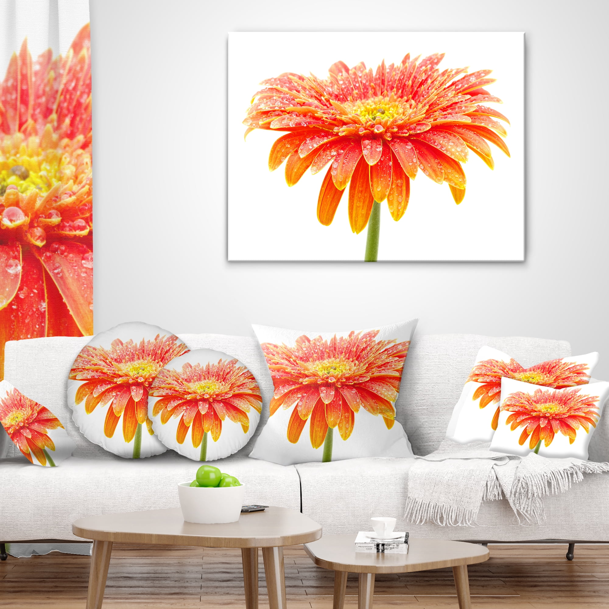 Designart Large Orange Gerbera on White - Floral Throw Pillow - 18x18