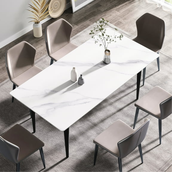 70.06" Modern White Dining Table - Sintered Stone Construction, Black Metal Legs, Accommodates 6-8, Non-combustible, Safe And Secure Straight Edge Panel, To Oxidation, Easy Restore Cleanliness