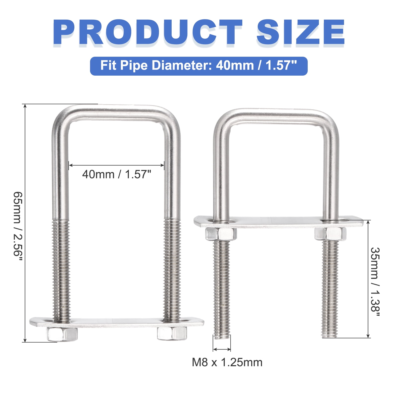 Uxcell 6 Sets M8 Square U-Bolts, 1.57" Inner Width 2.56" Length 304 Stainless Steel U Clamp Bolts with Nuts, Plates and Wrench