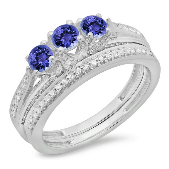 Dazzlingrock Collection 14K Round Tanzanite & White Diamond Ladies Bridal 3 Stone Engagement Ring Set, White Gold, Size 8.5