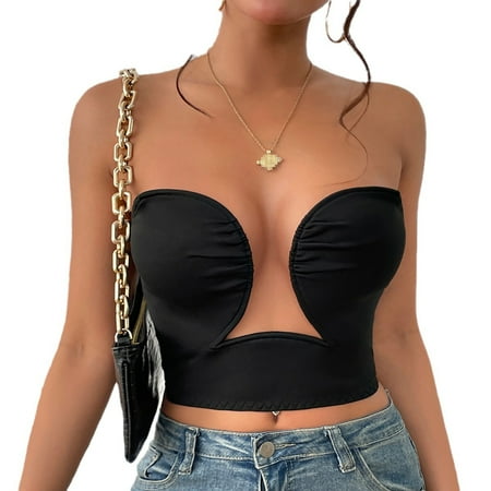 QYZEU Bralette for Women Large Bust Wireless Solid Color Deep V Bra Strapless Push Up Breathable Tank Top Casual Sleeveless Camisole Shape Wear Comfortable Bras Black S