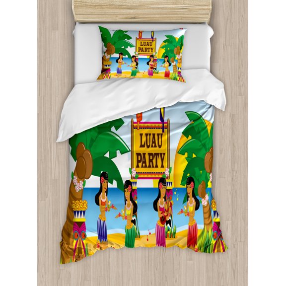 Tiki Bar Duvet Cover Set Twin Size, Hawaiian Luau Party in Funny Cartoon Style Dancers on Beach Festive Tradition, Decorative 2 Piece Bedding Set with 1 Pillow Sham, Multicolor, by Ambesonne