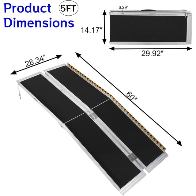 QinaQin 5FT Portable Wheelchair Ramp, Non-Slip Aluminum Folding, Silver