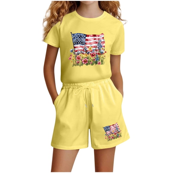 CHUMUD Girls 4th of July USA Shirt American Flag Patriotic Daisy Print Sets 2 Piece Kids T-Shirt & Elastic Waist Shorts 3-14 Years