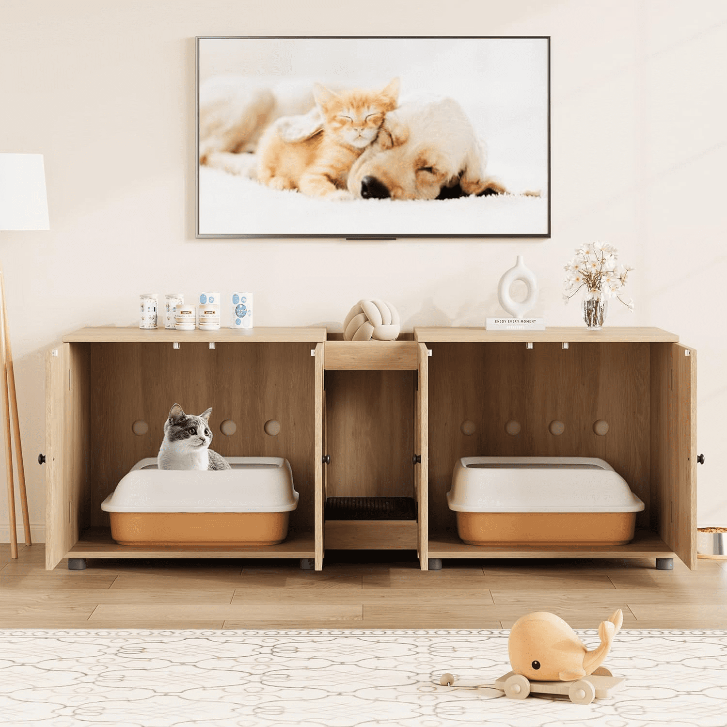 Litter Box Enclosure for 2 Cats,55.1" Cat Hidden Litter Box Enclosure Furniture with Double Room,Modern Wooden Enclosed Cat Litter Box Furniture