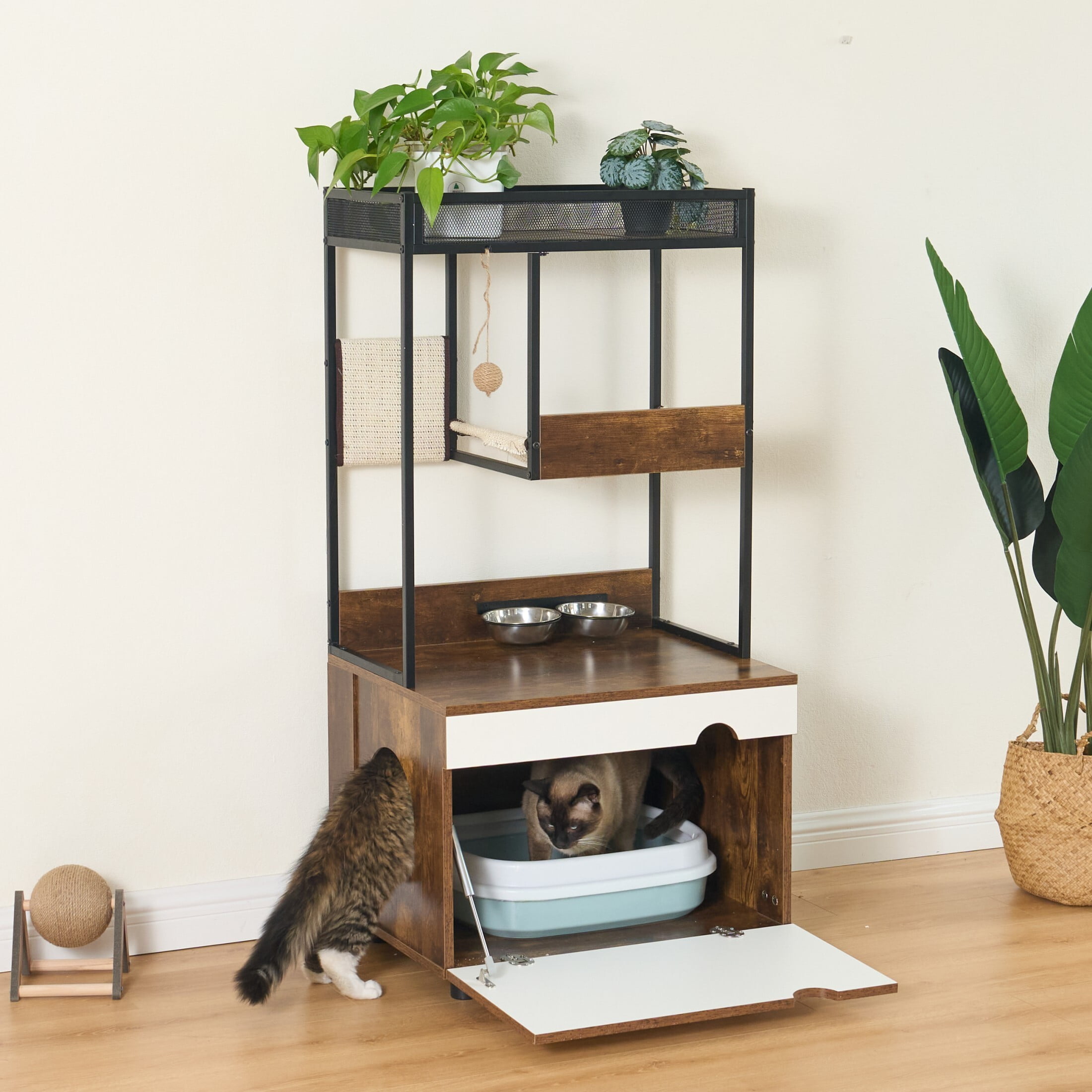 AENKYO 48.03 inch Indoor 4-level Cat Tree with Cat Nest, Cat Tower with 2 Bowls and Scratch Mats, Rustic Oak
