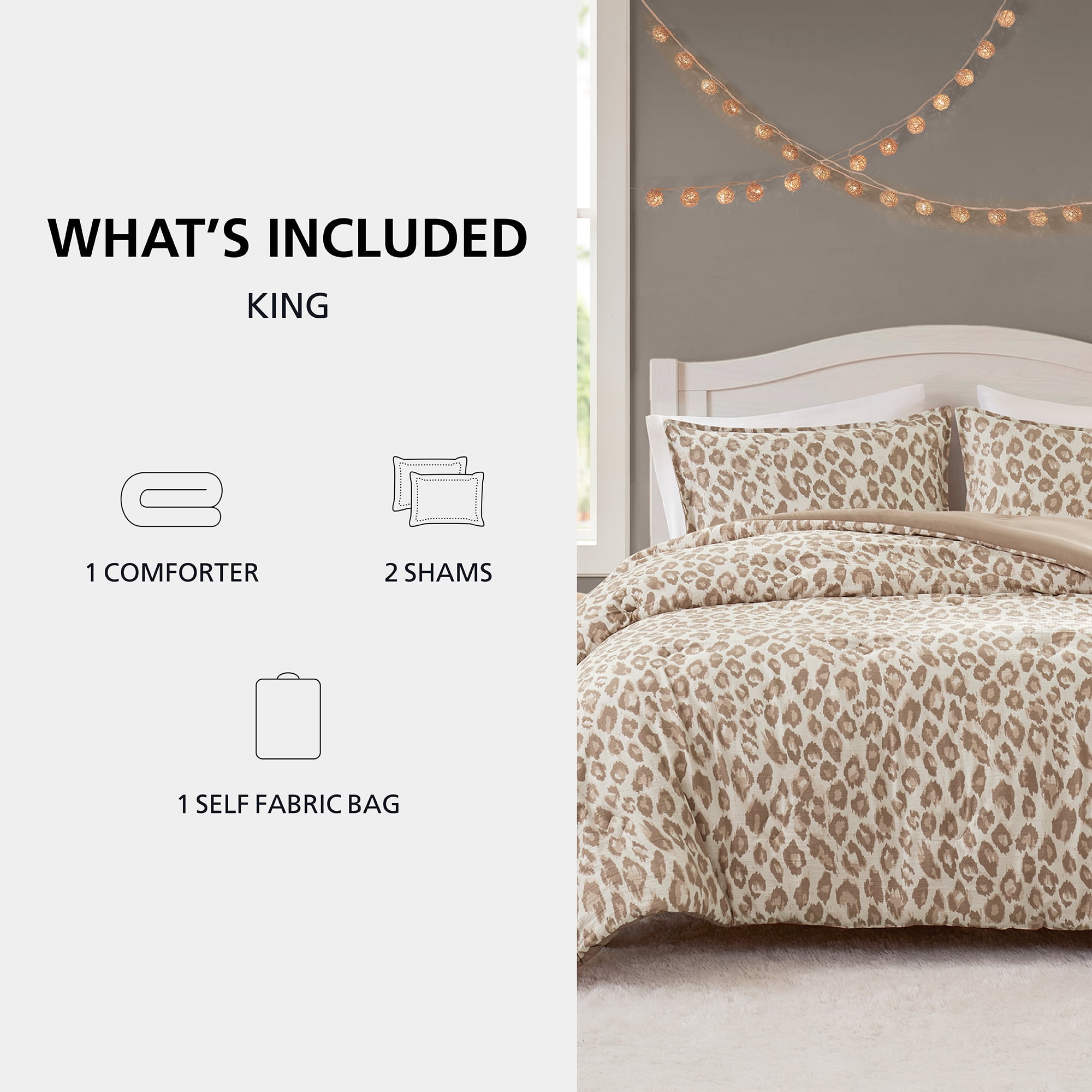 Mainstays Leopard Print 3-Piece Neutral Comforter Set, King