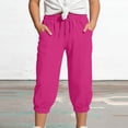 thumbnail image 2 of Girls Linen Capri Pants - Summer Loose Joggers Elastic High Waist Beach Capris Casual Cropped Trousers with Pockets for Kids Youth，Age 4-15 (Hot Pink/140), 2 of 5