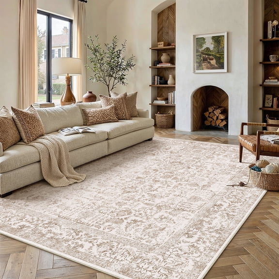 BERTHMEER 5'x7' Softer Area Rugs for Living Room Bedroom Dining Room Office Oriental Floral Vintage Farmhouse Machine Washable Non-slip Traditional Distressed Carpets, Brown