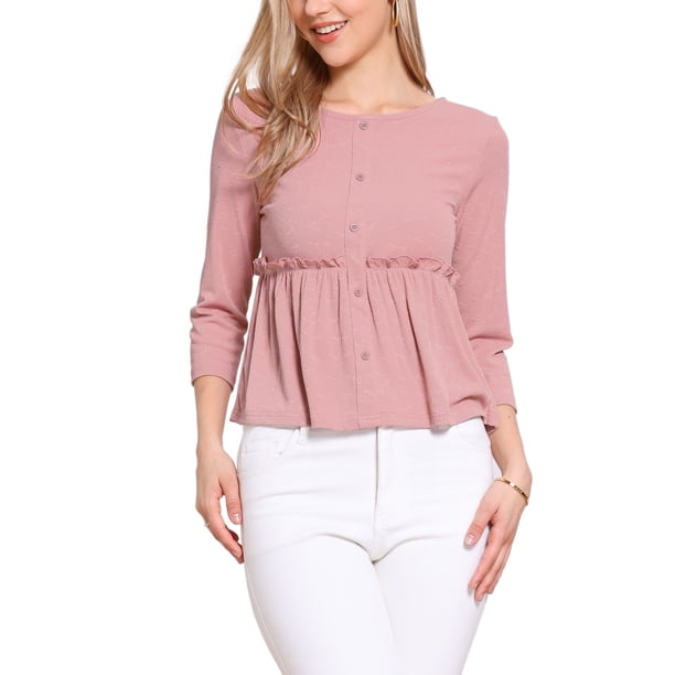 INSPIRAR CHIC Top Peplum para Mujer Cuello Redondo de Manga 3/4 con Volantes Blusas XS Rosa