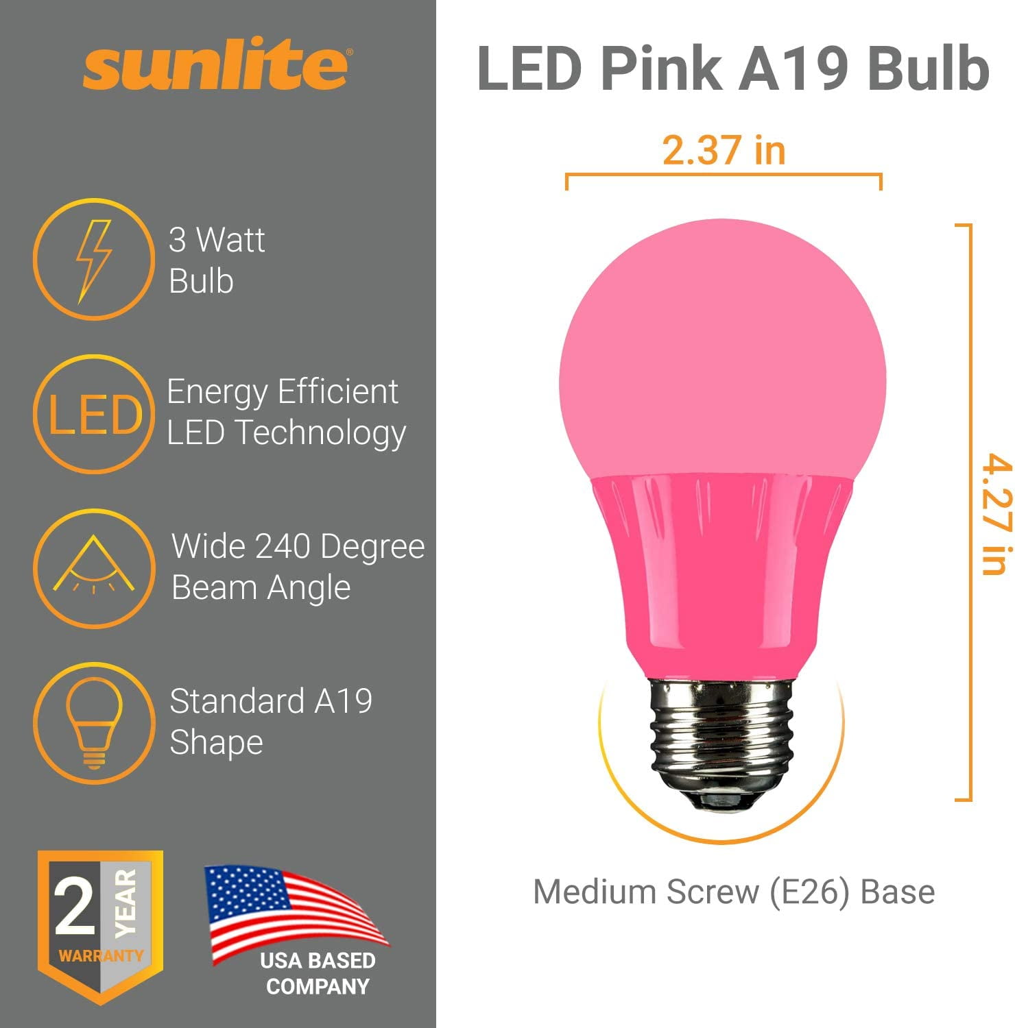 Sunlite LED A19 Colored Light Bulb, 3 Watts (25w Equivalent), E26 Medium Base, Non-Dimmable, UL Listed, Party Decoration, Holiday Lighting, Pink, 6 Pack
