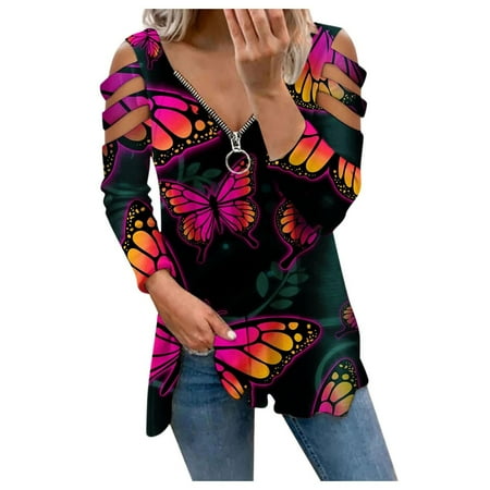 

Women Tops Floral Print Graphic Shirt Hollow Out Long Sleeve Zipper V Neck Plus Size T-Shirt Casual Loose Fall Blouse