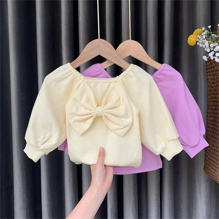 

kpoplk Kids Toddler Baby Girls Solid Bowknot Long Ruffled Sleeve Blouse Tops Outfits Clothes Long Sleeved Shirts(Beige)