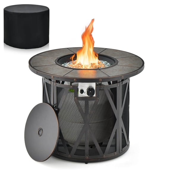 32 Inch Patio Round Fire Pit Table, 30,000 BTU Propane Gas Fire Table with Fire Glasses and PVC Cover