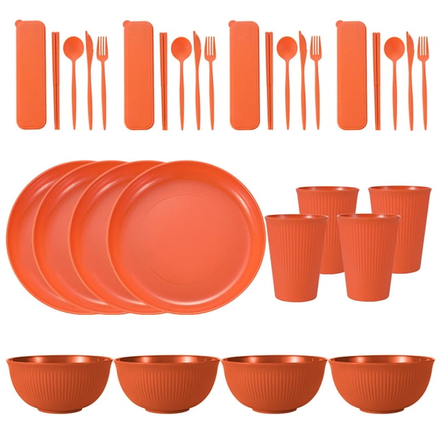 Nvzi Wheat Straw Dinnerware Sets, 32-Piece Plates and Bowls Sets, Cutlery, Microwave Safe Unbreakable Dinnerware for Parties, Picnic, College Dorm, Camping Orange