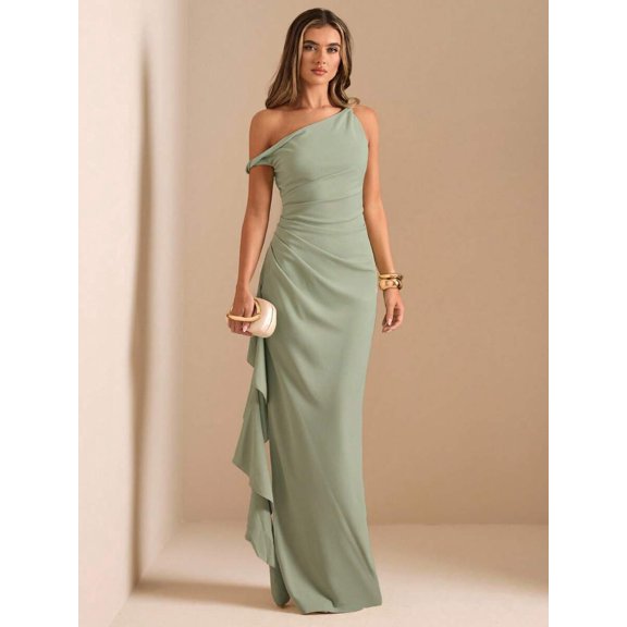Mint Green One Shoulder Ruched Wrap Maxi Dress With Asymmetrical Ruffle Hem And Draped Detail