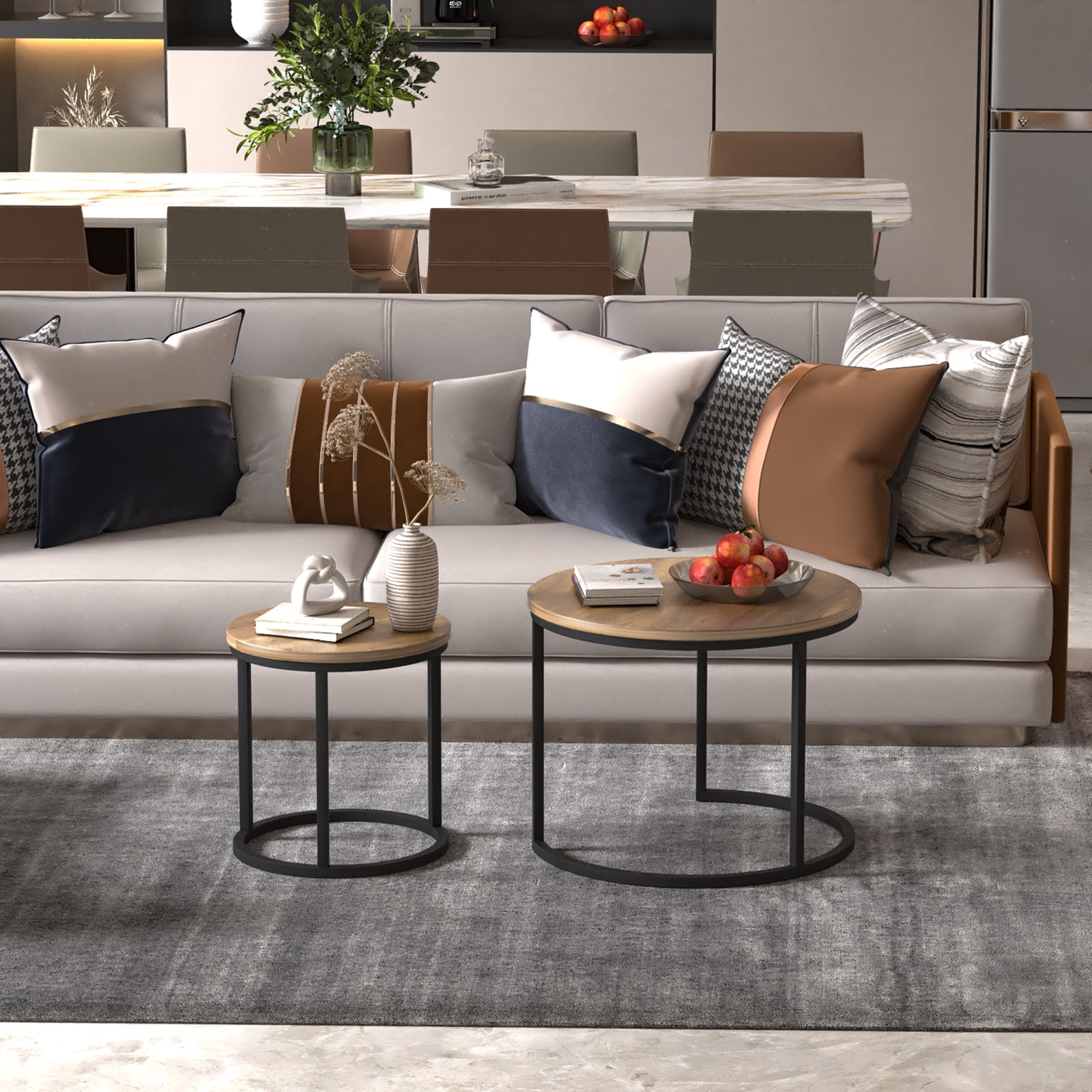 Algherohein Round Nesting Coffee Table Modern Marble Top Set of 2 for Living Room White Gold