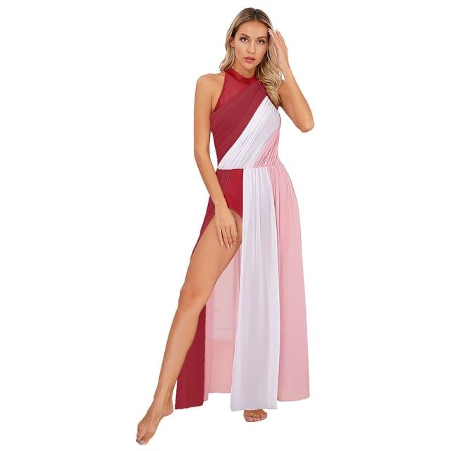 Choomomo Women Lyrical Dance Dress Ruched Split Hem Color Block Flowy Maxi Dress for Performance Burgundy XL
