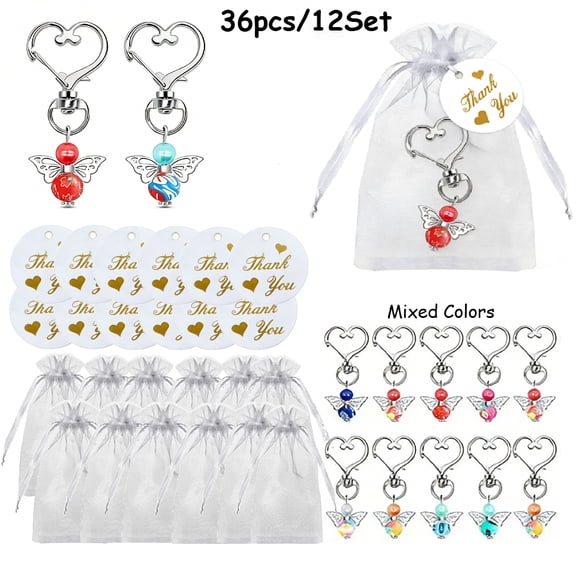 36 Pcs Angel Keychain Bulk Cute Heart Charms with Organza Bags and Thank You Cards for Wedding, Baby Shower Party Favors, Baptism Gifts, Goodie Fillers, Birthday Gifts
