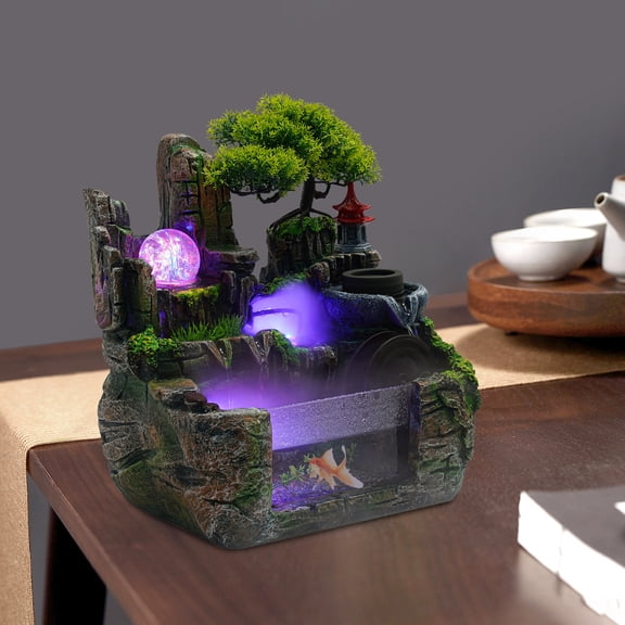 Desktop Rockery Water Decor Table Top Fountain Waterfall with LED Lights & Atomizer Feng Shui Fountain Crafts for Office Home Decor