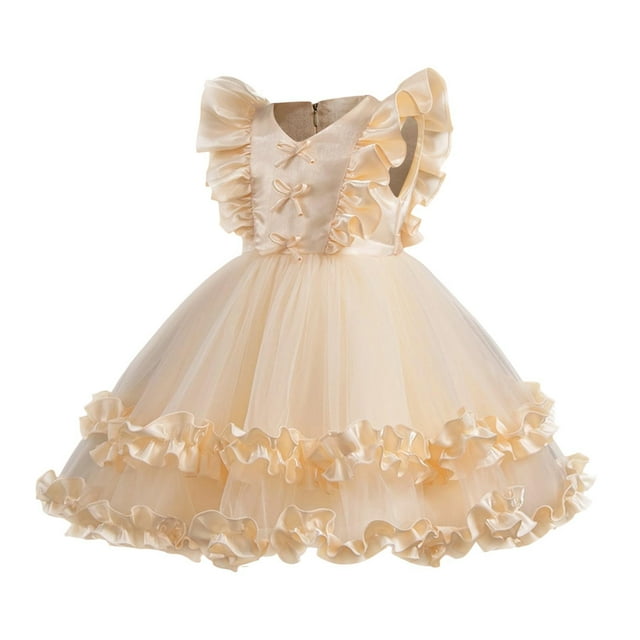 ZACPNCV Robe Tutu Fille Tulle Irrégulier Manches Volantées Ligne A Robe de Princesse Robe de Demoiselle d'Honneur Fête d'Anniversaire Robe de Bal Beige 3-4 Ans