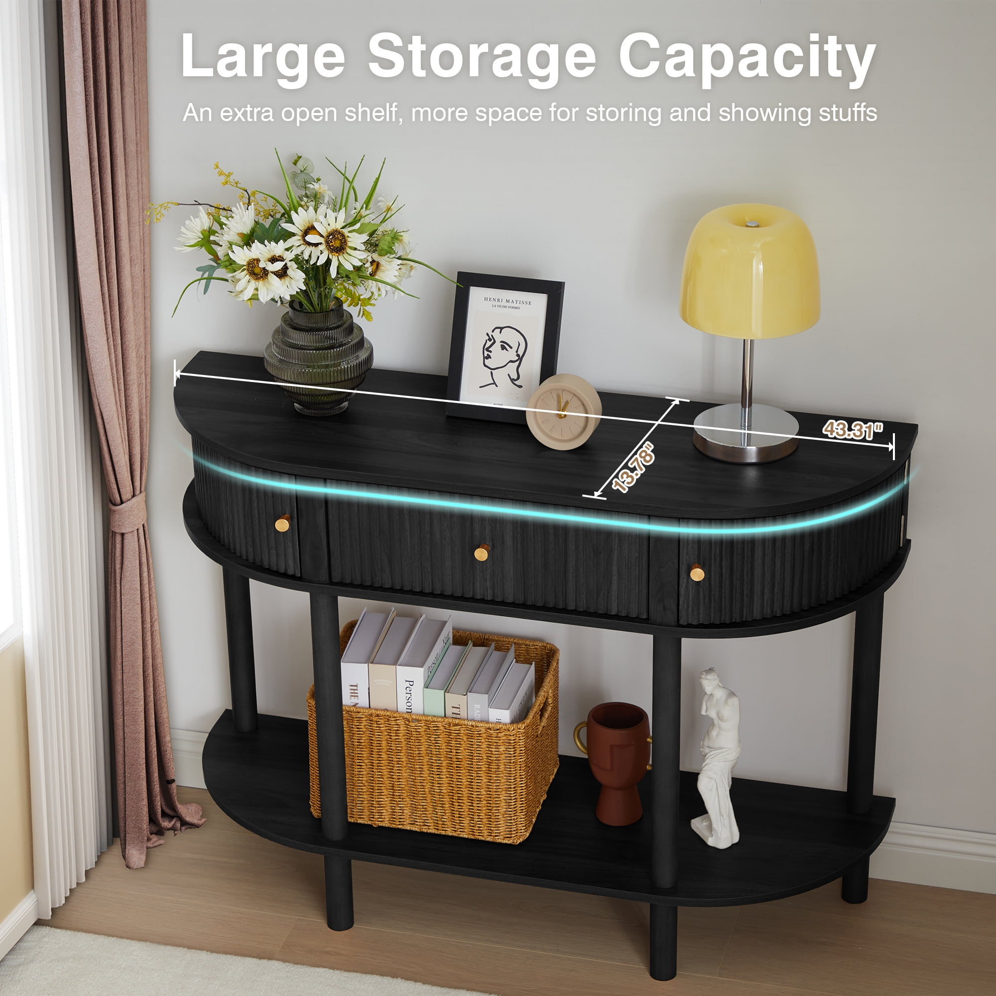 PHOYAL Fluted Half Oval Console Table with Drawers and Storage, Wooden Semi Elliptic End table with Shelf for Living Room, Half Round Side Table for Entryway Hallway, Black